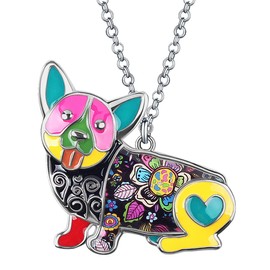 BONSNY Love Heart Enamel Zinc Alloy Metal Corgi Dog Necklace Animal pendant Unique Design (Multicolor)