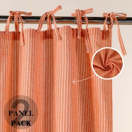 THE ART BOX Gauze Striped Curtains, Boho Linen Blend Gauze Tie Top Hanging Curtains 2 Panel Set, Light Filtering Door Window for Bedroom/Living Room Home Décor Orange on White (L96”xW42” Each Panel)