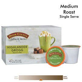 Door County Coffee, Single Serve Cups for Keurig Brewers, Highlander Grogg, Irish Creme and Caramel Flavored Coffee, Medium Roast, Ground Coffee, 10 Count