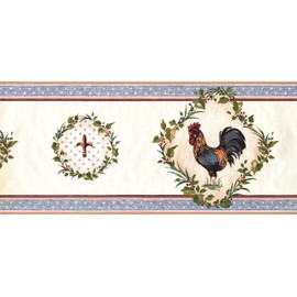 CONCORD WALLCOVERINGS ™ Wallpaper Border Vintage Pattern Roosters Leaves for Kitchen Dining Area Cottage Farmhouse, White Green Blue Red, 15 ft by 10 in KH5920B