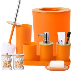 SLDIYWOW 9 Pieces Orange Bathroom Accessory Set, Plastic Bathroom Accessories Set with Trash Can,Soap Dispenser,Toothbrush Holder,Toothbrush Cup,Soap Dish,Toilet Brush and Q-tip Holders for Bathroom