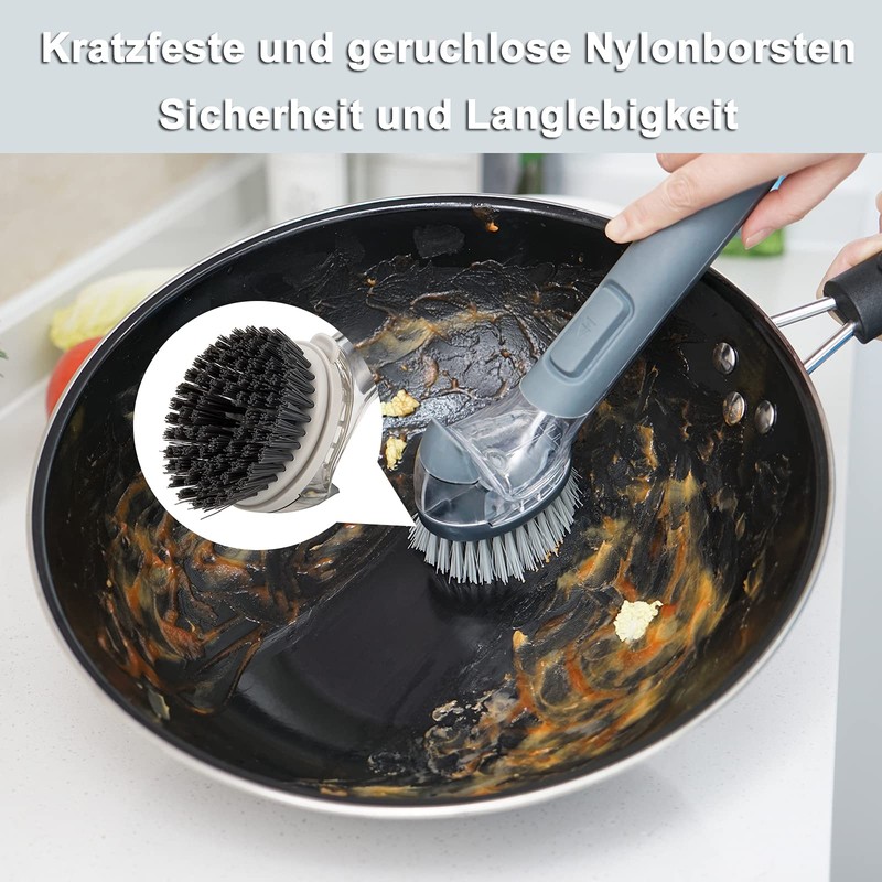 Dish Brush with Handle, JEHONN Dish Scrubber with Soap Dispenser