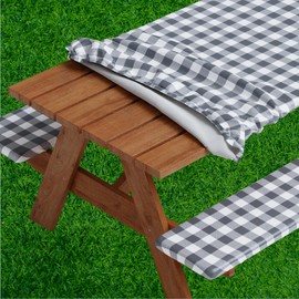 Sorfey Picnic Table Cover with Bench Covers -Fitted with Elastic, Vinyl with Flannel Back, Fits for Table 30"x 96" Rectangle,Water Proof, Checked Grey Design