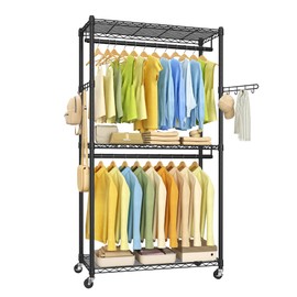 SONGMICS Heavy-Duty Rolling Clothes Rack, Garment Rack, Portable Closet, 35.4-Inch Wide Clothing Rack on Wheels, with Adjustable Mesh Shelves and Hanging Rails, Hooks, Ink Black ULGR413B01