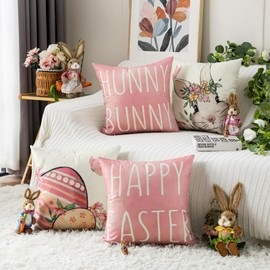 Volcanics Set of 4 Easter Pillow Covers 20x20 Inch, Happy Easter Hunny Bunny Pink Throw Pillow Covers, Eggs Bunny Spring Cushion Cases, Farmhouse Easter Decoration for Sofa Couch