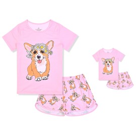 CHILDRENSTAR Pajamas Shorts Set for Girls Matching Girl&Doll Flower Corgi Pjs Set Loungewear Suit,Size 10 11