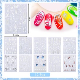 10 Sheets 5D Christmas Nail Art Stickers 5D Embossed Self-Adhesive White Snowflake Nail Decals White Snowman Santa Elk Design for Nail DIY for Women Manicure (Winter)