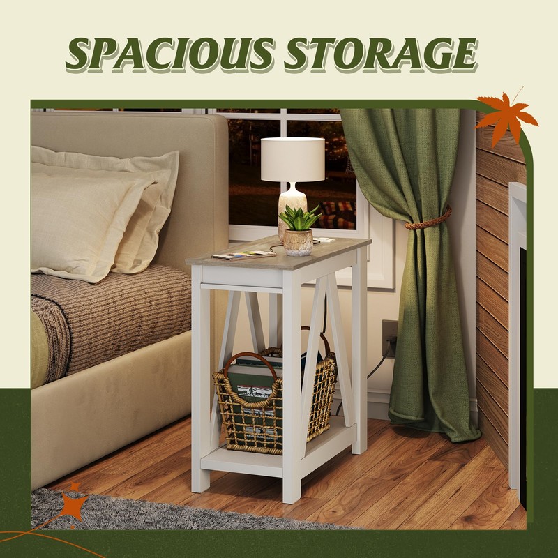 WLIVE Farmhouse End Table, Narrow Side Table with Charging Station,