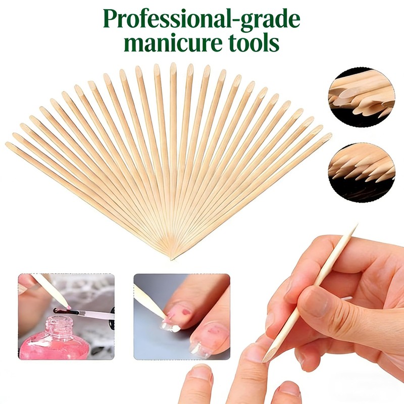 100-Count Double-Ended Nail Art Sticks - Natural Wood Cuticle Pusher