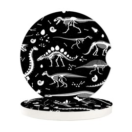 Teery-YY Black and White Dinosaur Skeleton Pattern Car Coasters 2 Pack for Cup Holders 2.6 Inches Ceramic & Cork Base Drinks Absorbent Auto Decor Accessories Universal for Women Men