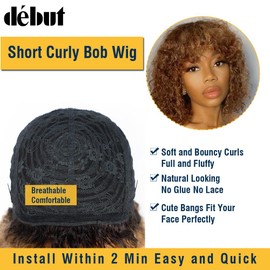 DÉBUT Human Hair Wig With Bangs Short Curly Bob Wig Human Hair Jerry Curl Bob Wig For Black Women 150% Density Non Lace Front Glueless Wig(10 Inches, TT2/27)