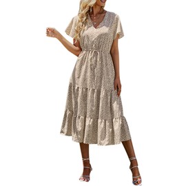 PRETTYGARDEN Floral Dress for Women 2025 Summer Casual Short Sleeve Maxi Dresses V Neck Tiered Flowy Boho Beach Sundress(Apricot Leopard,Medium)