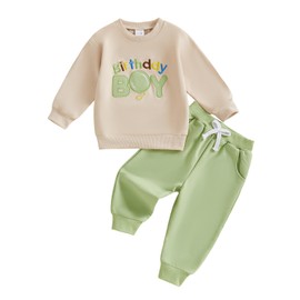 MAHUAOYIXI Toddler Baby Boys Birthday Outfits Letter Ballon Embroidery Round Neck Long Sleeve Sweatshirts Tops and Elastic Waist Solid Pants Sets Kids Boys Birthday Gift (Green, 6-12 Months)