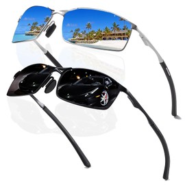 OuMaiFeng Pack of 2 Men's Polarised Outdoor Sports Glasses HD View Polar Mirrored Sunglasses Men Metal Frame Driving Glasses Blue Lenses Aviator Glasses Classic Retro 100% UV400 Protection