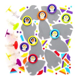 Baker Ross AX181 Space Rocket Jumping Toys, 8 Pieces Small Bang Toys with Funny Spaceman Characters for Crafts, Foam Stickers, Art Toys