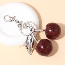 Misovela Cherry Bag Charm Keychains for Women Cute Purse Handbag Accessories Charms Glitter Cherry Luxurious Gifts, Silver Leaf Red Cherry, 4.8*2.3 Inches