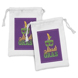 Ambesonne Mardi Gras Fabric Pouch Set of 2, Green Colorful Feathers on Pastel Tone Backdrop Styled Calligraphy, Small Drawstring Bag for Toiletries Masks and Favors, 9" x 6", Purple Green Yellow