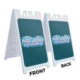 Hand Car Wash 24" x 36" Double Sided A-Frame Sidewalk Sign, Includes 2 Plastic Inserts | Foldable Portable White Signicade Sandwich Board Signs