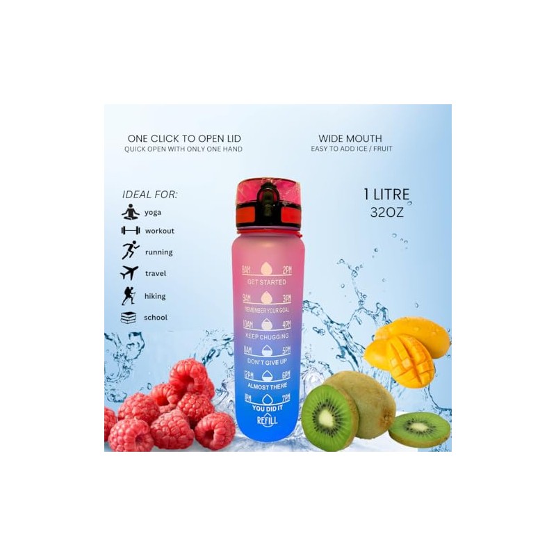 Sports Water Bottle 1L / 32OZ, BPA-Free, Motivational with Time