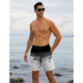 Cozople Men's Swim Trunks with Compression Liner Plam Tree Printed Board Shorts 4-Way Stretch Quick Dry Bahting Suits Running Athletic Beach Shorts