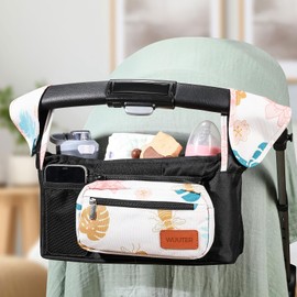 Universal Stroller Organizer with Insulated Cup Holder & Detachable Wristlet Large Capacity Baby Stroller Bag Organizer for Mom, Baby Jogger, Uppababy, Britax, BOB, Umbrella & Pet Strollers (Garden)