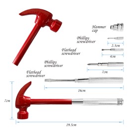 Red 6 in 1 Multitool Mini Hammer & Screwdriver Set - Camping Hand Tools with Metal Hammer Head