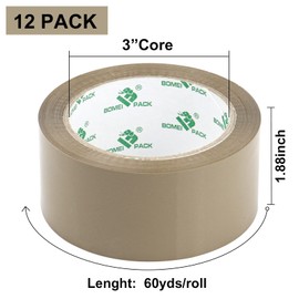 BOMEI PACK Brown Packing Tape Refills, Heavy Duty 12Rolls with 1 Dispenser for Packaging, Shipping and Moving, 2.6Mil 1.88 Inch x 60 Yard