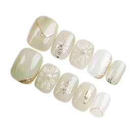 Herbeluemily Nail Tip, Short, Handmade, 3D Storage Case, 10 Pieces, Flower, Mermaid, Square Silver, M