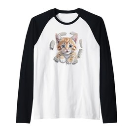 Funny Orange Tabby Cat Torn Fabric Raglan Baseball Tee