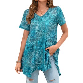 Enmain Tunic Tops for Women Short Sleeve Ladies Long Tunics Summer Casual Longline Baggy Top to Wear for Leggings Older Ladies Tshirt Teal,XXL