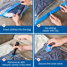 SpaceSaver Premium Vacuum Storage Bags. 80% More Storage. Hand-Pump for Travel. Double-Zip Seal and Triple Seal Turbo-Valve for Max Space Saving.