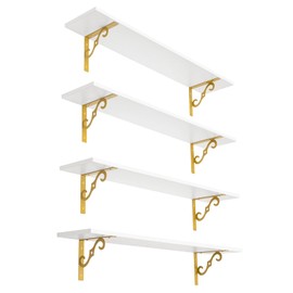 DINZI LVJ Long Wall Shelves, 31.5" Wall Mounted Shelves Set of 4, Wide Floating Shelf for Wall with Metal Brackets, for Living Room, Bathroom, Bedroom, Kitchen, Office, White and Gold