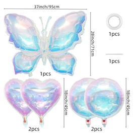 Iridescent Butterfly Foil Balloons, 5 Pcs Butterfly Heart Round Transparent Balloons for Birthday Party Decorations Fairy Princess Party Supplies