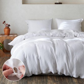 Simple&Opulence 100% Linen Duvet Cover Set, 3 Pieces Belgian Flax Breathable Bedding, 1 Comforter Cover+2 Pillowshams with Coconut Button Closure(Queen,White)