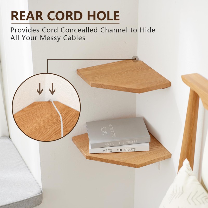 OAKERLAND Oak Floating Corner Shelf with Hidden Cables Channel, Solid