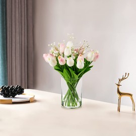 ENOVA FLORAL 18 Heads Artificial Tulips Flowers Real Touch in Vase, Mixed Fake Baby Breath Artificial Flowers in Vase with Faux Water for Dining Table, Wedding Event (White Pink)