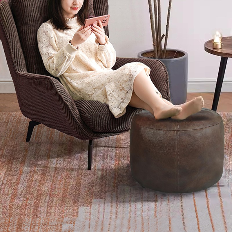 Thgonwid Unstuffed Faux Leather Pouf Cover, Handmade Footstool Ottoman Storage