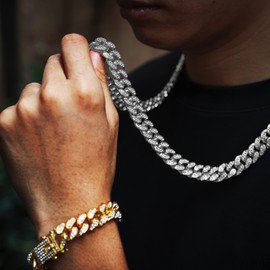 Halukakah Gold Chain for Men, 13 mm Cuban Chain Iced Out 18 Carat Real Gold / Platinum White Gold Plated Collar Necklace Bracelet Full CZ Diamond Cut Pen Set with Gift Box