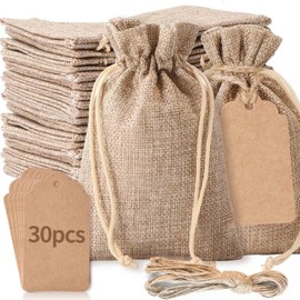 boboom 30Pcs 4 x 6 inch Burlap Gift Bags and 30Pcs Tags with Drawstring, Wedding Hessian Linen Sacks, Jewelry Pouches Burlap Gift Bags for Birthday, Party, Present, Wedding Favors, Art and DIY Craft