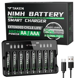 Taken Rechargeable AAA Batteries with Charger, 8-Pack 1200mWh High Capacity Triple A Battery Made Using 25% Recycled Materials with 8 Bay Smart Battery Charger for Fast Charging of AA & AAA Batteries