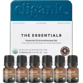 Cliganic Set de Aceites Esenciales Orgánicos - 6 Frascos (Menta, Lavanda, Eucalipto, Árbol de Té, Lemongrass y Naranja) - Aromaterapia 100% Puros y Naturales (El Embalaje Puede Variar)