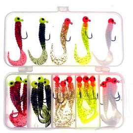 Worm Soft Bait Set - 20 Pieces Artificial Earthworm with Ringlet Tail and Box, Jig Heads Worm Lure Hook Fishing Lure Plastic Fishing Accessories