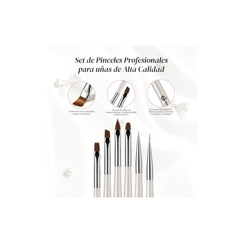 CHERIMOYA Kit 6 Pinceles Nail Art Perla Blanca