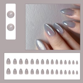 30 Pcs Spring Press on Nails Short Almond,YIHONGYAN Cat Eye Solid Color Fake Nails Press ons Gray French Nail Tip Acrylic Kit Glue on Nails Full Cover False Nails Glitter Stick on Nails for Woman