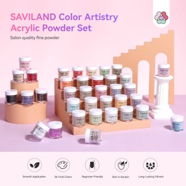 SAVILAND Color Artistry Acrylic Powder Set 36 Colors: Creative Palette Keratin Acrylic Nail Powder Pink Nudes Yellow White Nail Acrylic Powder For Extension Carving DIY Manicure 10g