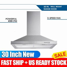 Tieasy 30inch Wall Mount Range Hood Stainless Steel Kitchen Vent 450CFM Ducted/Ductles