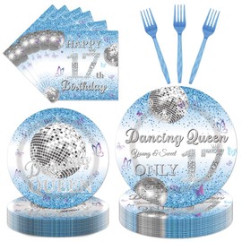 96Pcs Dancing Queen 17th Birthday Disposable Tableware Set - Dancing Queen Happy 17th Birthday Paper Plates Napkins Forks Blue Disco 17 Years Old Party Supplies Serve 24 Guests