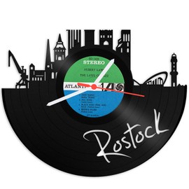 GRAVURZEILE Vinyl Record Clock - Skyline Rostock - Wall Clock Made of Cast Vinyl with City Skyline 30 cm - Upcycling Design Clock Wall Decoration Vintage Clock Wall Decoration Retro Clock - Made in