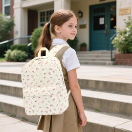 Yusudan Corduroy Girls Backpack - Kids Elementary School Backpacks - Middle School Bookbags - Women Travel Daypacks (Beige Corduroy Floral Pink)