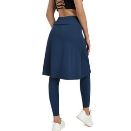 Xioker Women Knee Length Skirts with Full-Length Leggings,Skirted Leggings Capris for Women Zipper Pockets(Full Legnth Navy Blue M)